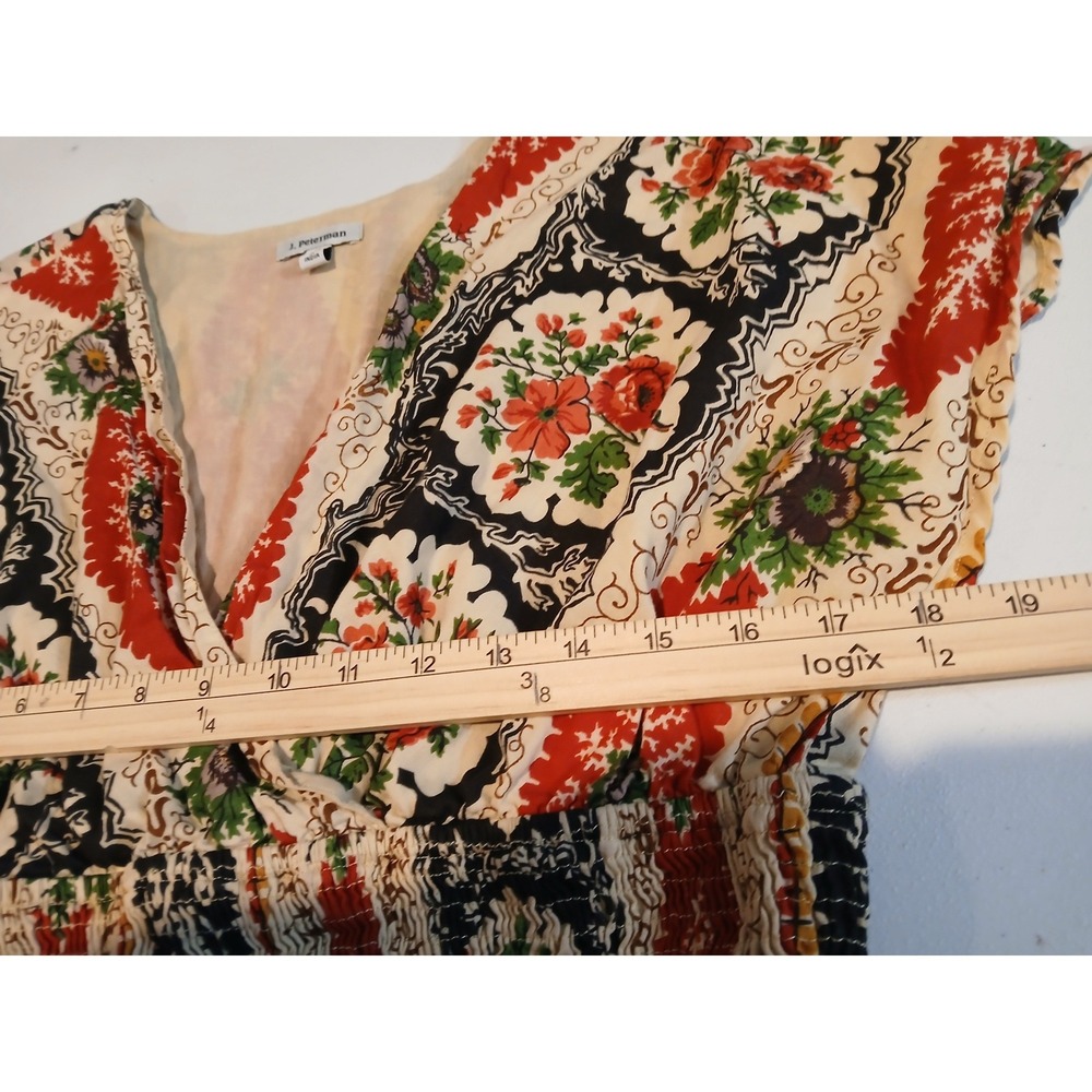 J. Peterman Womens 12 Cotton Floral Paisley Smocked Waist Midi Dress Red Black - Picture 7 of 12